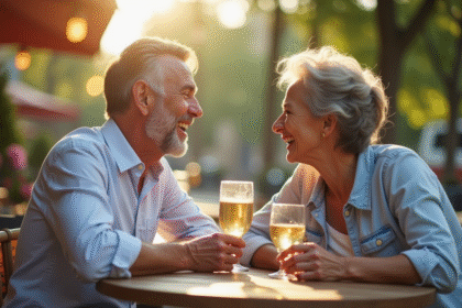 Couple mature riant à un café en plein air lors d'un après-midi ensoleille