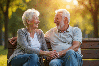 Couple d'âge moyen assis sur un banc en plein soleil