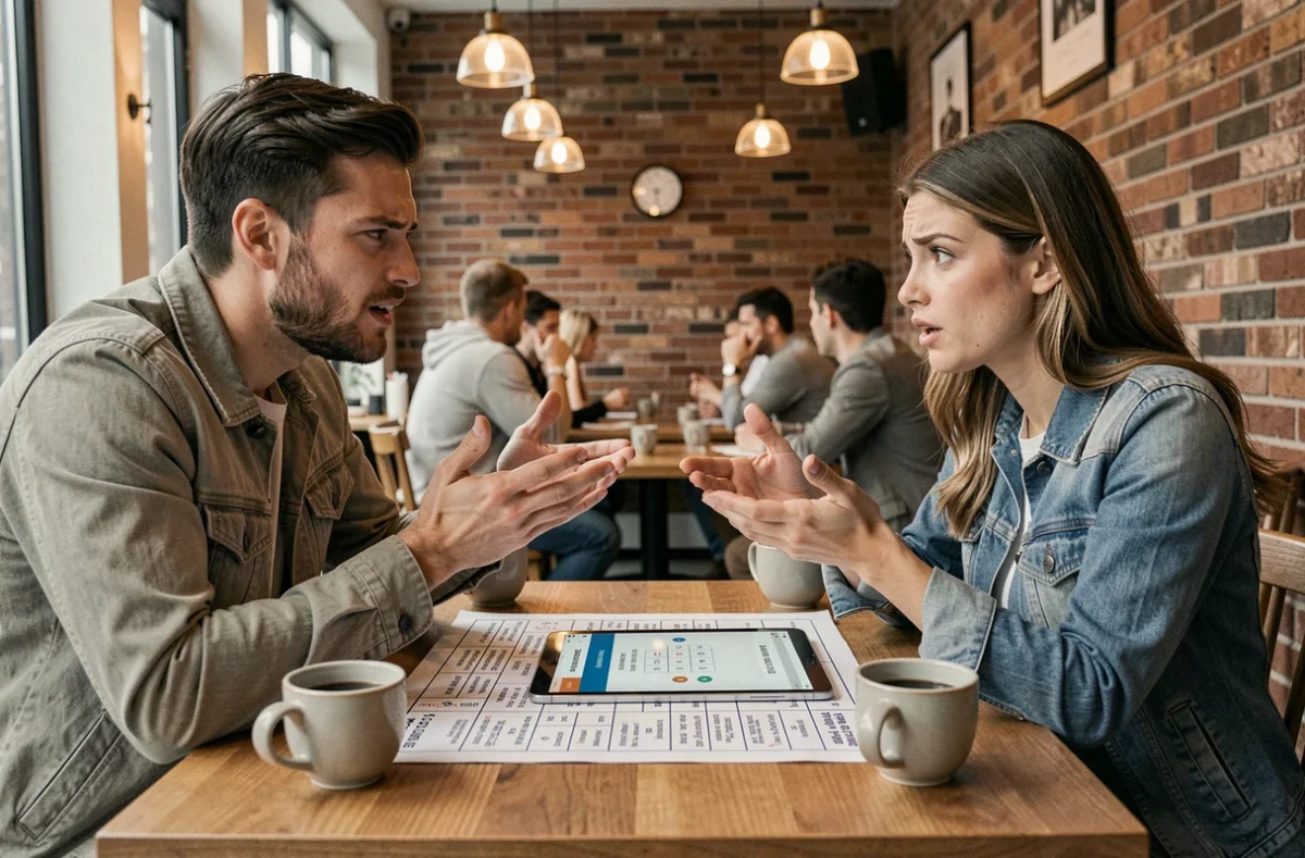 Deux personnes débattant de l'utilisation d'un solveur de mots autour d'une grille imprimée et d'une tablette dans un café