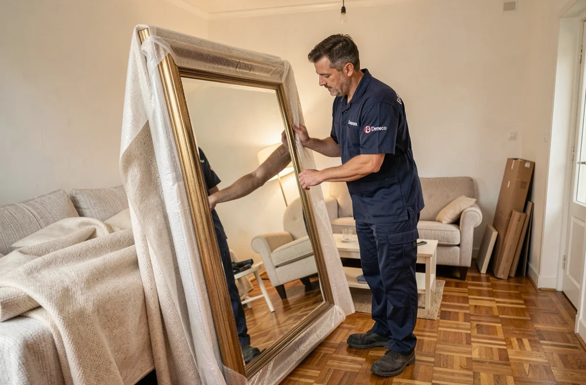 Déménageur Demeco emballant soigneusement un miroir dans un appartement de Pamiers