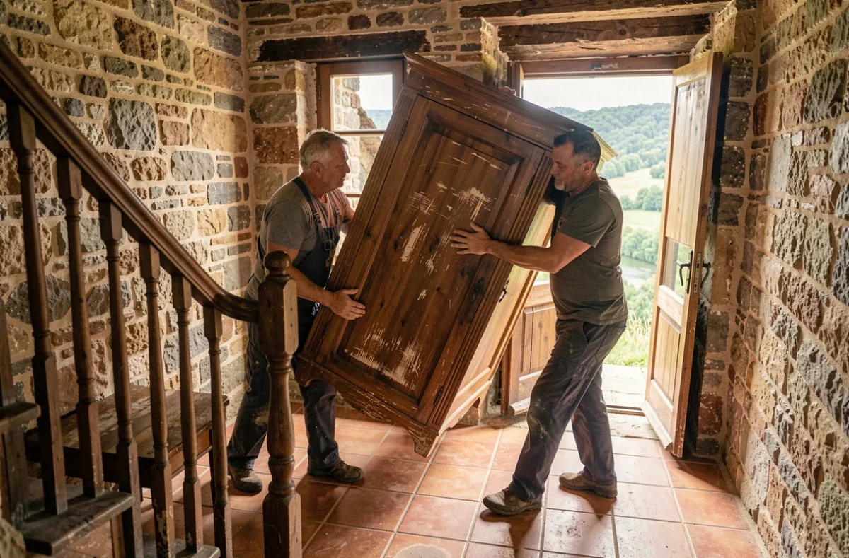 Deux déménageurs portant une armoire dans un escalier d'une maison en pierre à Mercus-Garrabet