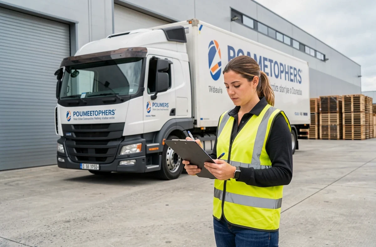 Coordinatrice logistique des Déménagements Ariègeois Pyrénées SAS vérifiant une liste devant un entrepôt à Pamiers