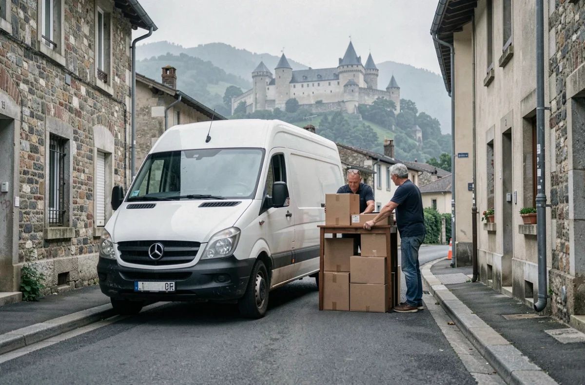 Équipe de déménagement Duez chargeant un camion dans une rue de Tarascon-sur-Ariège