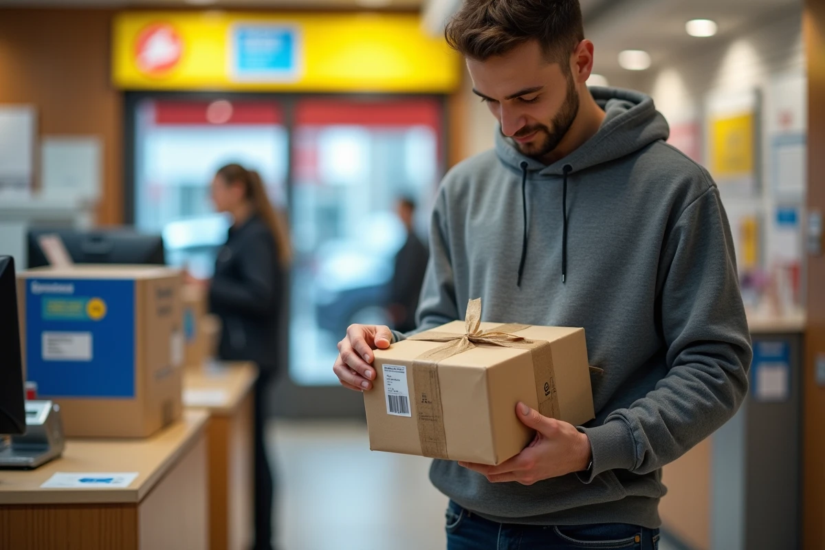 Homme déposant un colis Colissimo en bureau de poste le samedi pour une livraison cadeau urgente