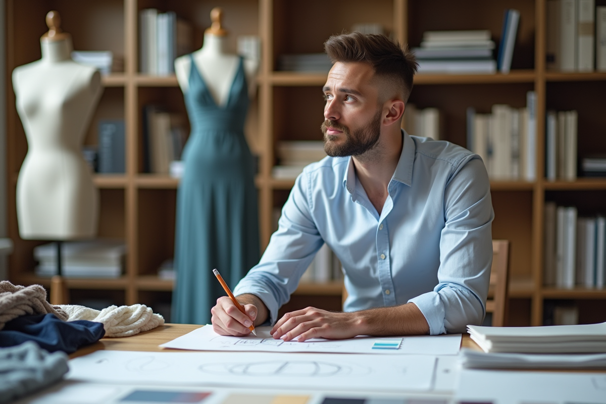 Designer homme esquissant des modèles dans un bureau lumineux
