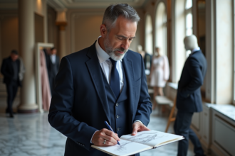 Designer mode homme en costume navy dans un studio parisien