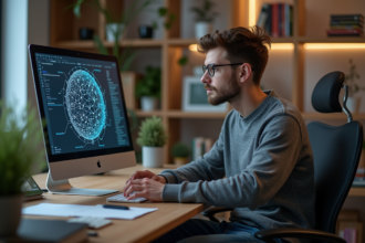 Jeune homme en sweater étudie un diagramme neural
