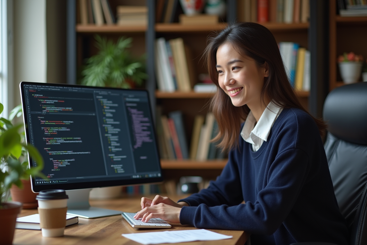 Jeune femme développeuse travaillant sur un code blockchain