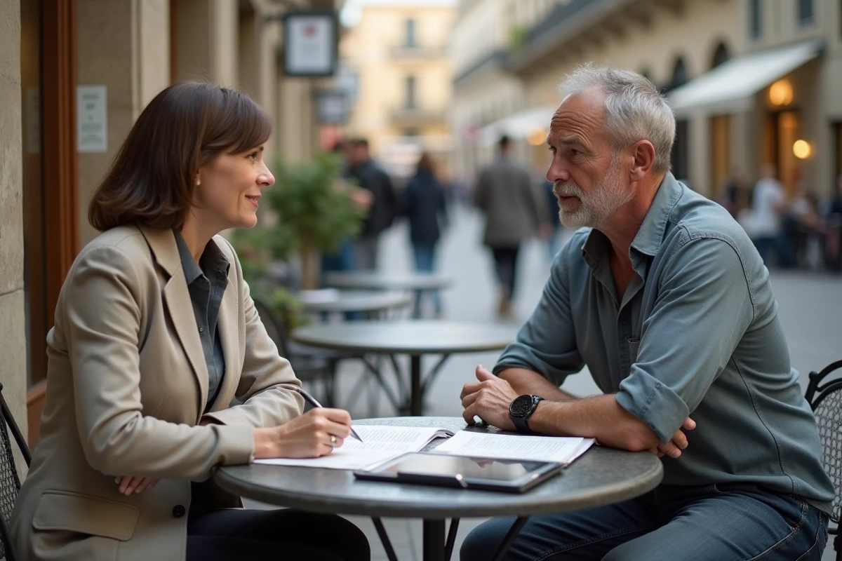 Deux personnes discutant sérieusement autour de documents dans un café urbain européen, évoquant un débat journalistique sur une question religieuse et identitaire sensible