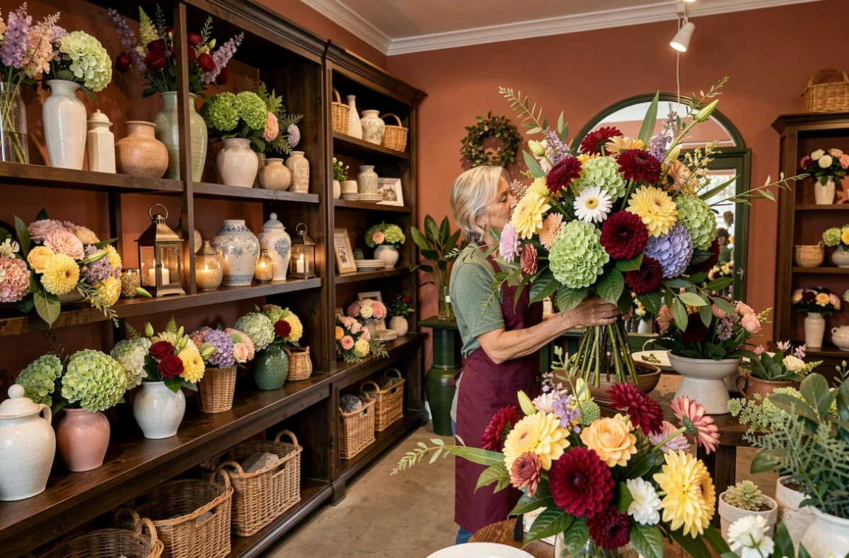 Boutique de fleurs et décoration florale Dupont avec arrangements élaborés de dahlias et hortensias dans un cadre décoratif raffiné