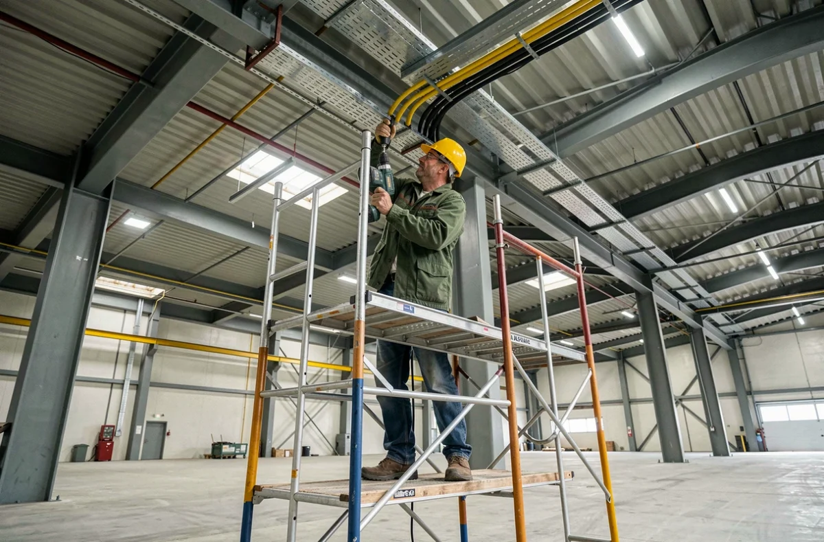 Électricien d'Elec 76 posant des conduits électriques sur un échafaudage dans un grand entrepôt industriel havrais