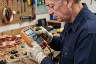Électricien réglant le sélecteur d'un multimètre numérique en position courant continu dans un atelier professionnel