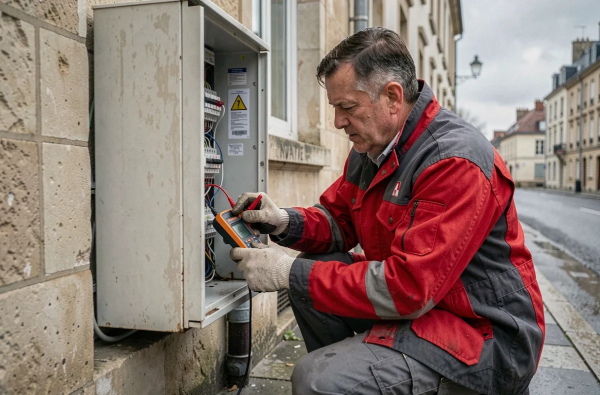 Électricien d'Electricité Le Havre testant un cabinet électrique extérieur sur la façade d'un bâtiment normand