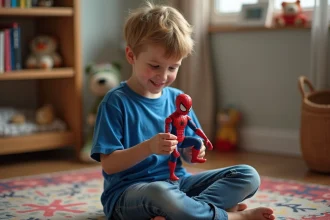 Jeune garçon tenant une figurine Spider-Man articulée dans une chambre d'enfant colorée