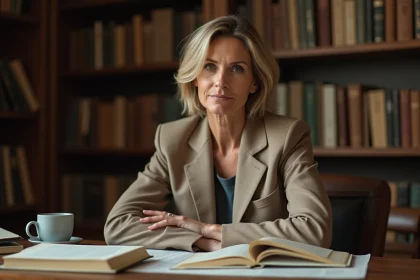 Femme pensive dans un bureau académique entourée de livres et de documents de recherche, illustrant une enquête journalistique sur une personnalité publique