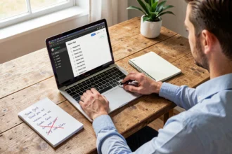 Entrepreneur dressant une liste de noms d'entreprise devant son ordinateur