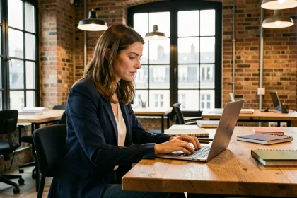 Entrepreneuse travaillant sur son site web dans un espace de coworking à Bordeaux, illustrant la transition numérique locale