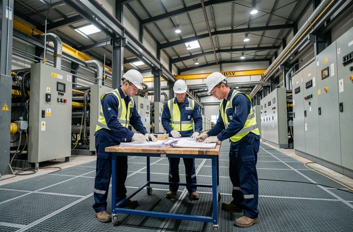 Équipe d'électriciens de l'Entreprise Européenne Industrielle et de Services travaillant sur une installation électrique industrielle dans la zone portuaire du Havre