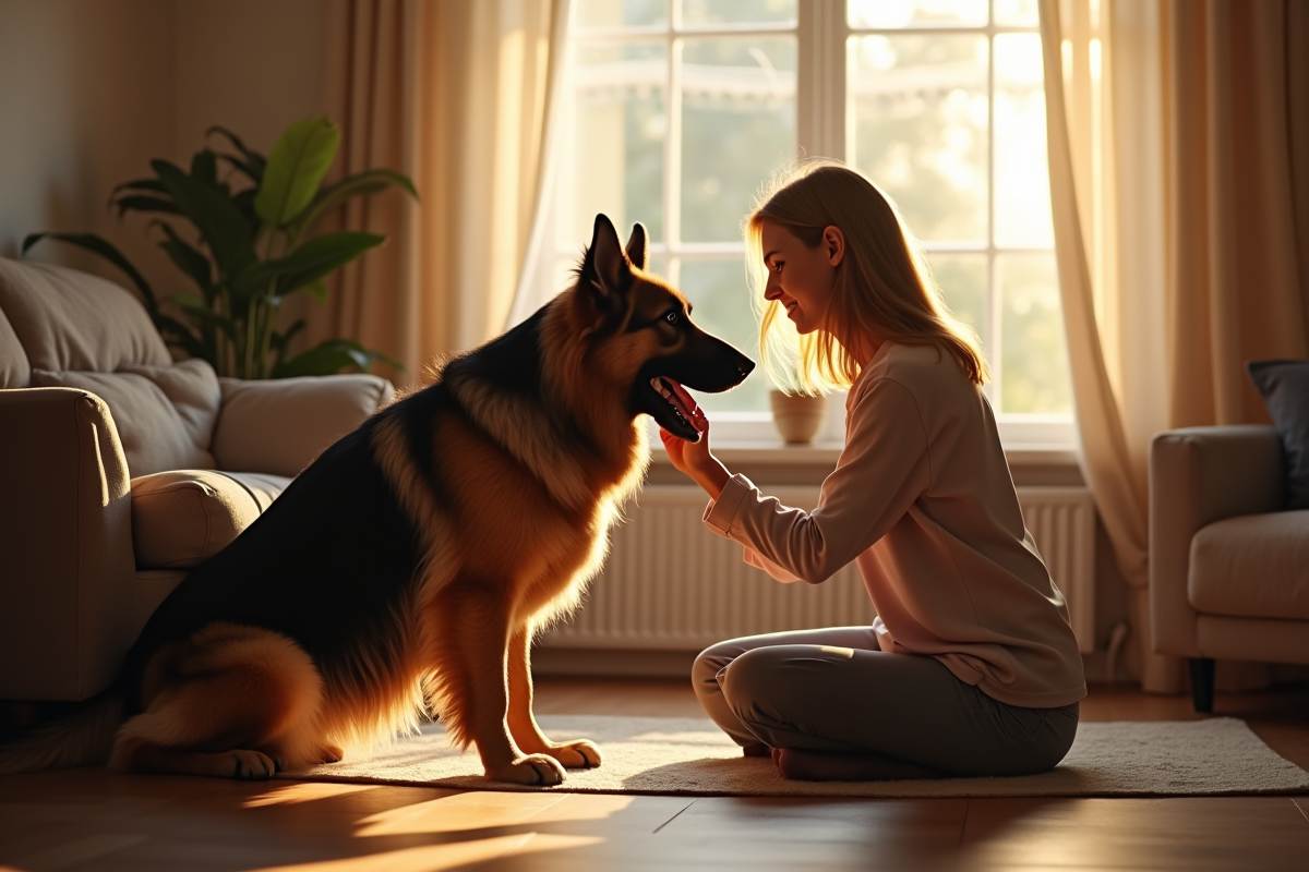Entraînement doux d un berger allemand en intérieur