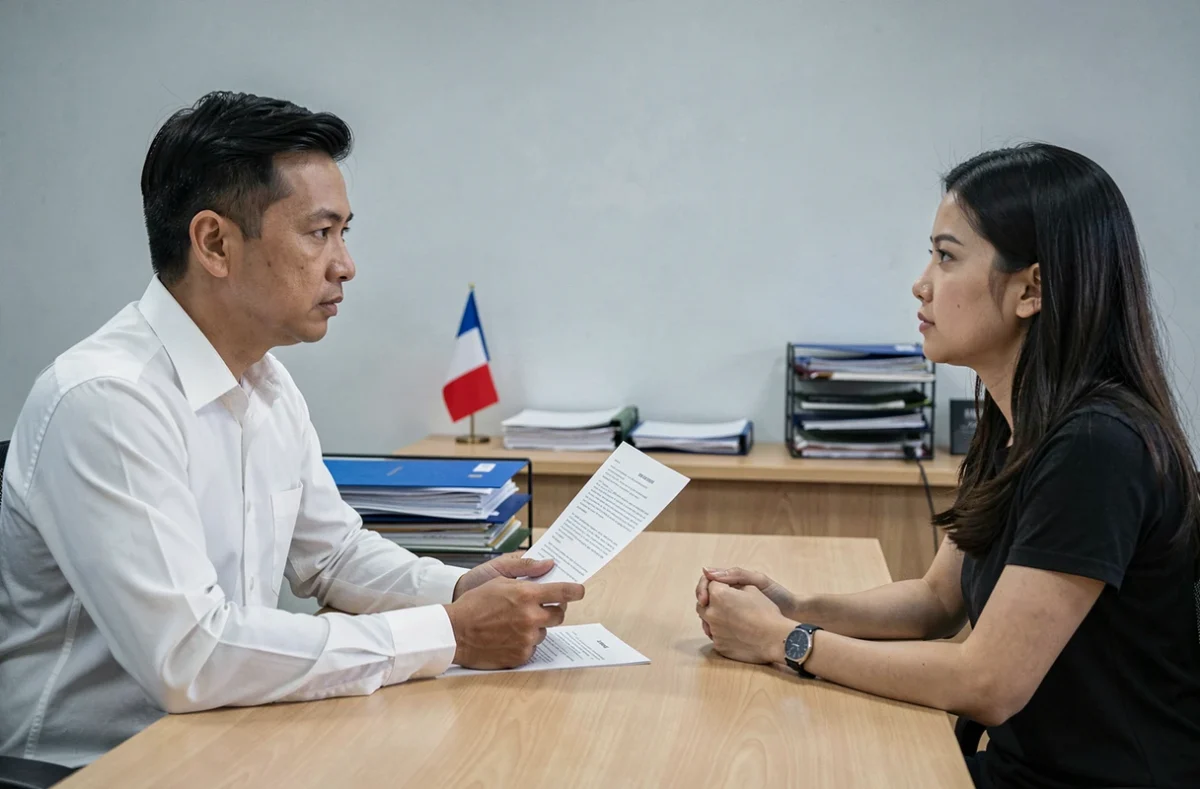 Homme en entretien de naturalisation française face à un agent administratif dans un bureau officiel