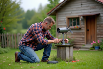 Homme connectant une petite eolienne dans son jardin