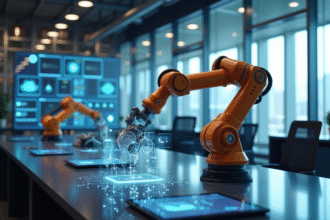 Espace de travail moderne avec bras robotique et écrans holographiques