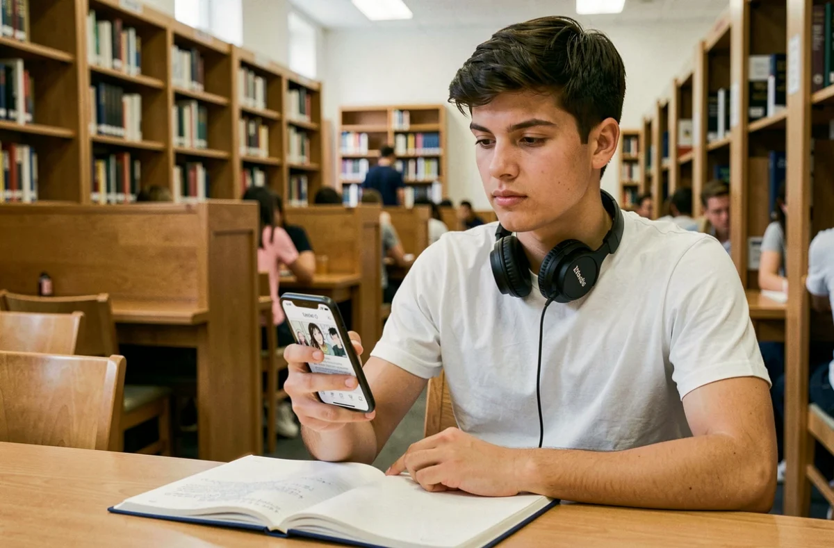 Étudiant consultant une application légale de lecture de scans manga sur smartphone dans une bibliothèque universitaire