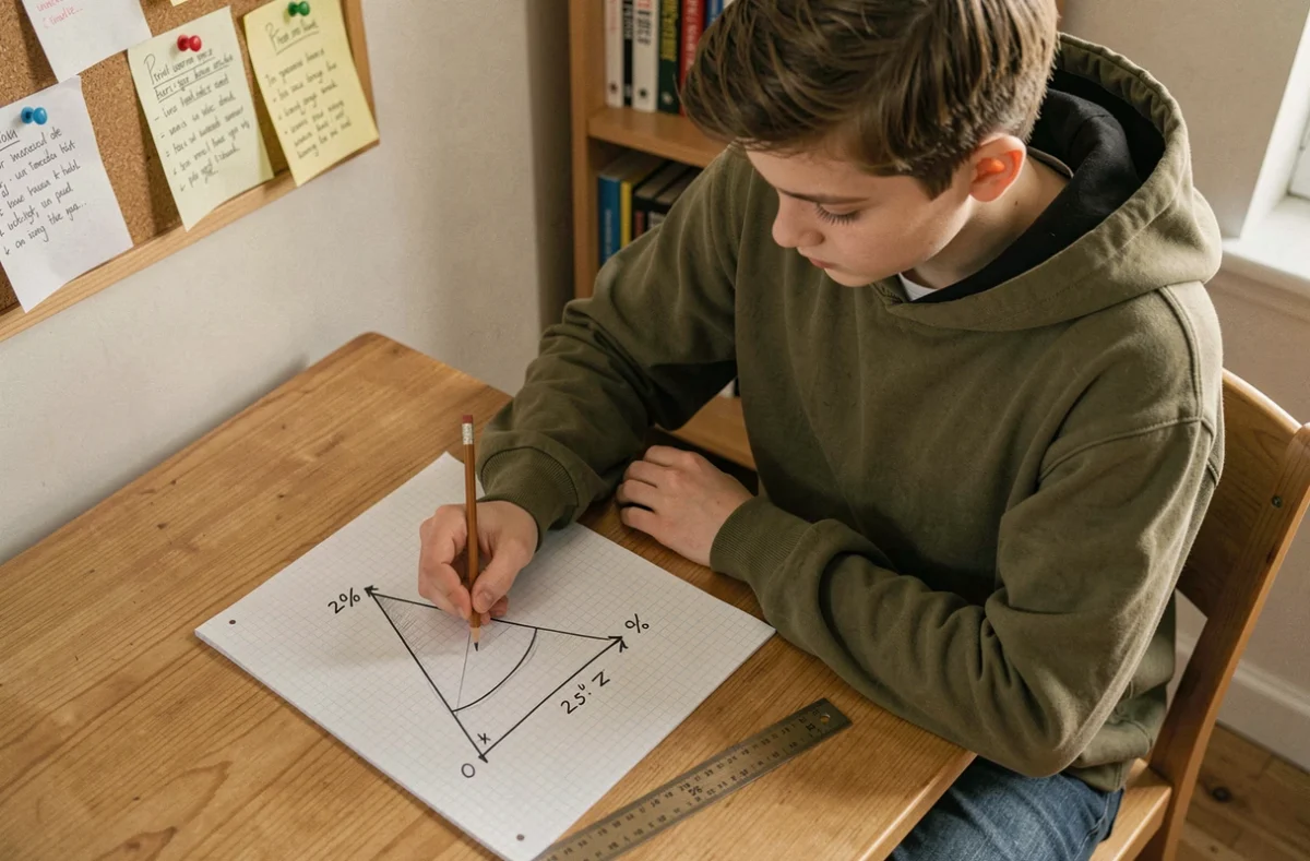 Étudiant dessinant un schéma de triangle rectangle avec des annotations en degrés et pourcentage pour comprendre le calcul de pente