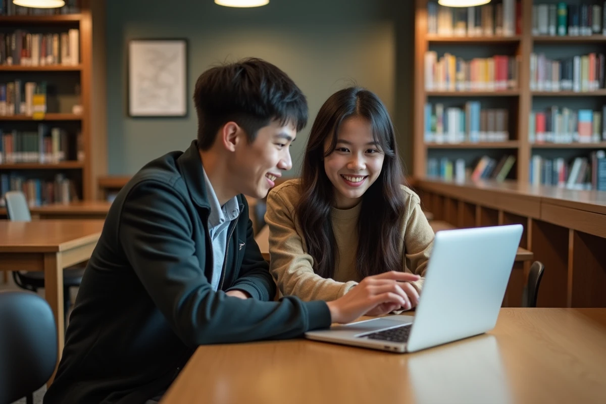 Deux étudiants comparant des sites de scan One Piece en VF sur un ordinateur portable dans une bibliothèque universitaire