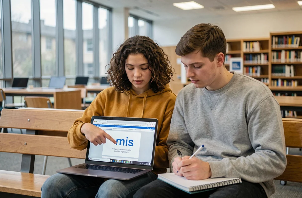 Deux étudiants révisant ensemble la conjugaison du verbe mettre et l'accord du participe passé en bibliothèque