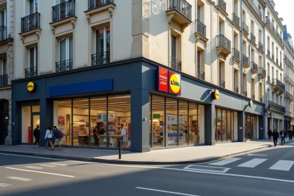 Façade extérieure d'un supermarché Lidl dans le 20e arrondissement de Paris un dimanche matin