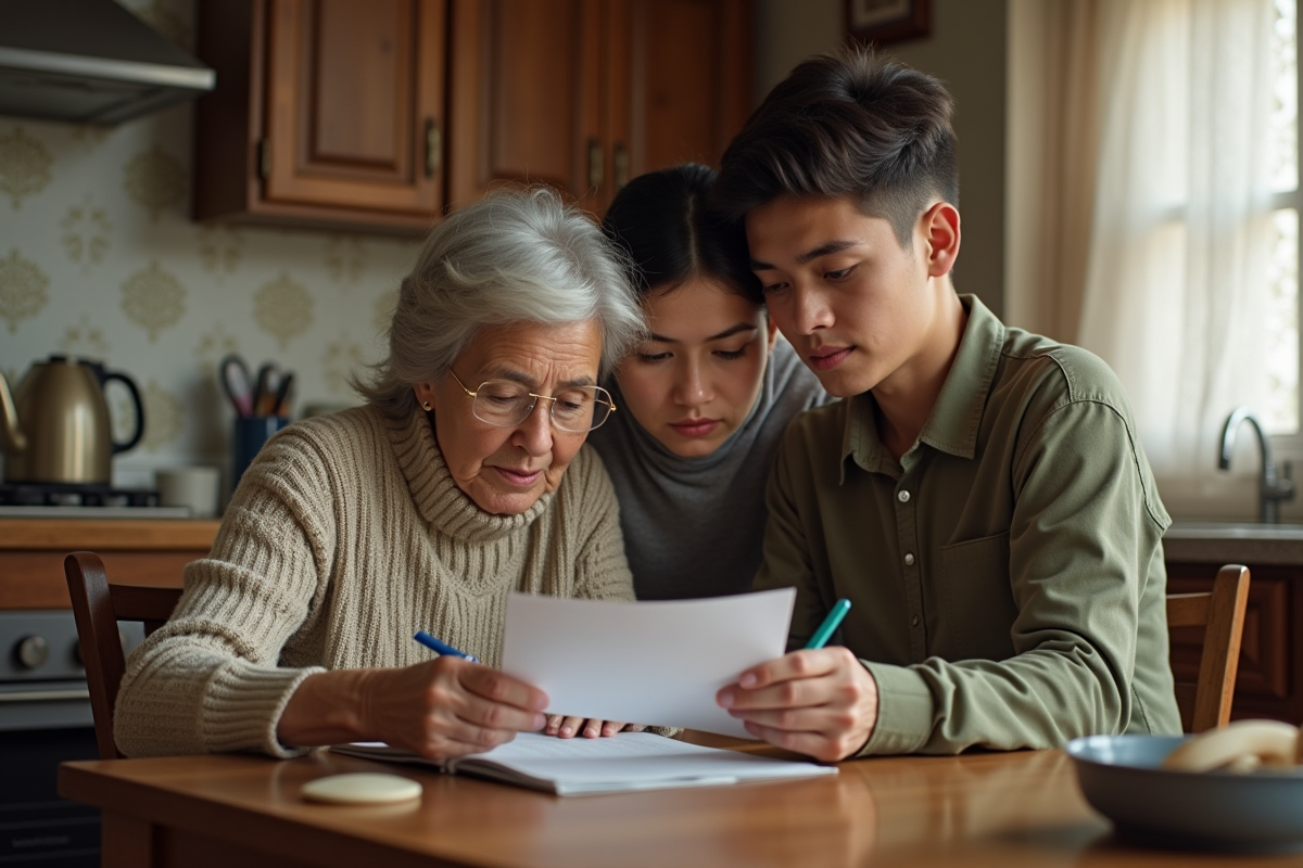 Famille intergenerationnelle lisant un document dans la cuisine chaleureuse
