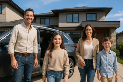 Famille moderne sortant d'un SUV devant maison contemporaine