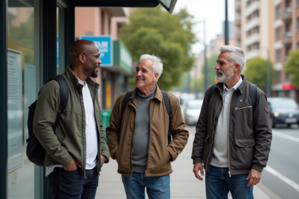 Trois adultes de différentes origines discutent à un arrêt de bus en ville
