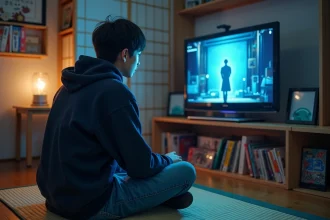 Jeune fan d'animé japonais regardant Tengoku Daimakyou saison 2 sur un écran dans un appartement de Tokyo