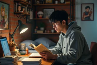 Jeune fan de manga lisant One Punch Man dans un appartement urbain entouré de volumes et de figurines d'anime