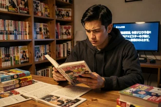 Jeune homme lisant des scans de manga sur son bureau encombré de volumes et de pages imprimées, illustrant les enjeux des droits d'auteur liés aux scans non officiels