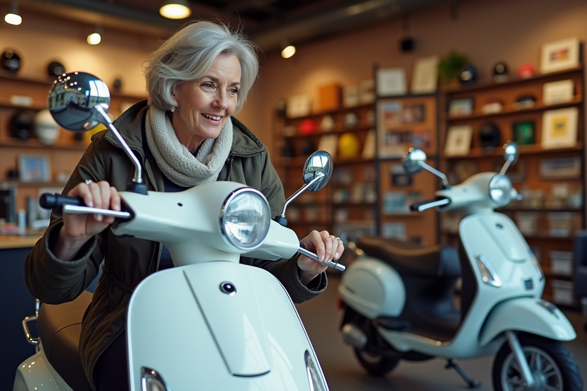 Femme examine un prix sur scooter dans un showroom moderne