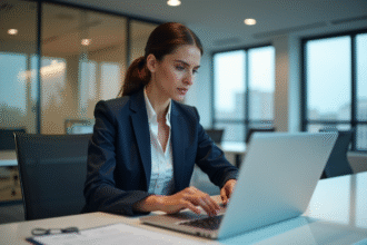 Femme d'affaires concentrée travaillant sur un ordinateur au bureau