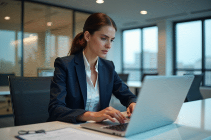 Femme d'affaires concentrée travaillant sur un ordinateur au bureau