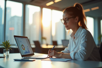 Femme d'affaires confiante analysant des graphiques financiers