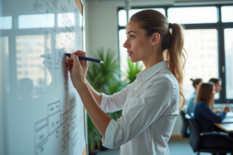 Femme en réunion dans un bureau moderne annotant un flowchart