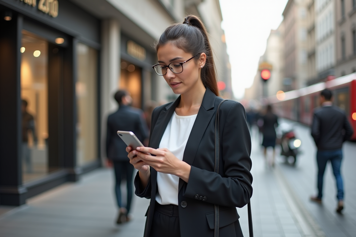 Jeune femme utilisant une application de budget en extérieur