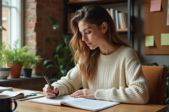 Femme concentrée écrivant dans un carnet de grammaire française à son bureau, illustrant la réflexion sur l'orthographe de 'je serai' ou 'je serais'
