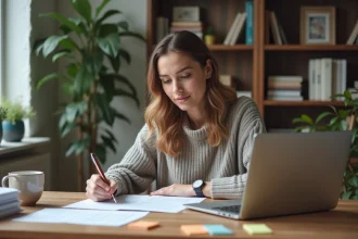 Femme concentrée à son bureau dans un espace moderne