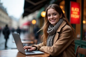 Jeune femme souriante au café à Paris pour Black Friday