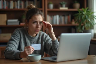 Femme frustrée tenant une carte Illicado devant un ordinateur affichant une erreur sur Amazon