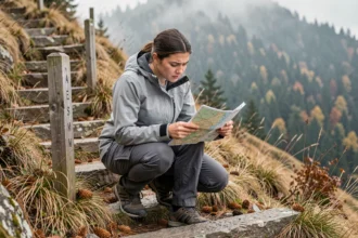 Femme étudiant une carte topographique sur un sentier de montagne en pente, illustrant la notion de pourcent et de degrés de pente