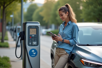 Femme vérifiant un tableau de bord électrique devant une voiture hybride dans un parc urbain