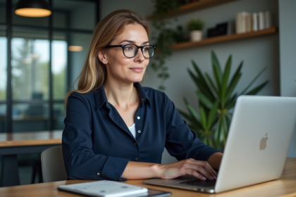 Femme concentrée utilisant un chatbot dans un bureau moderne